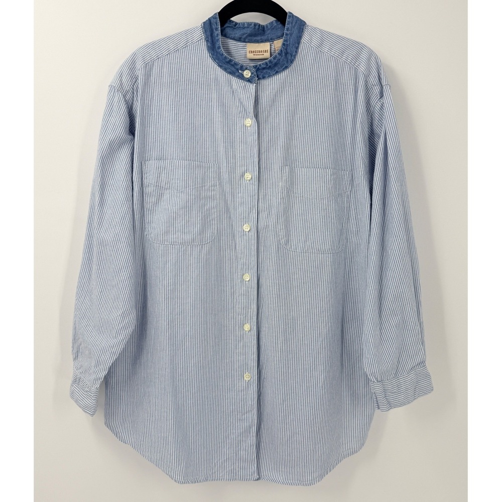 Vtg 90s Crossroads Woman Button Shirt Women sz 3X Blue Striped Denim Band Collar